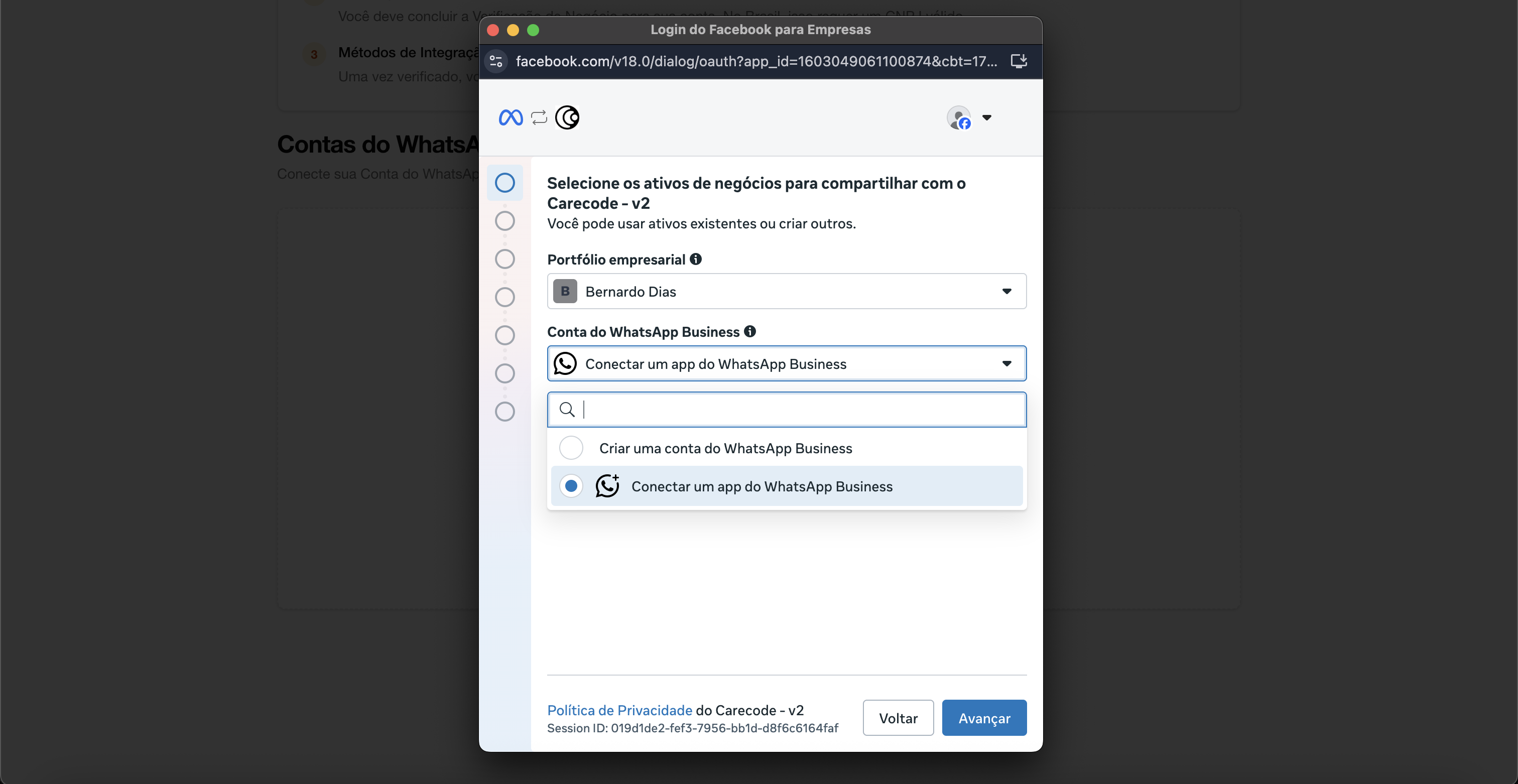Selecionar Conectar um App do WhatsApp Business