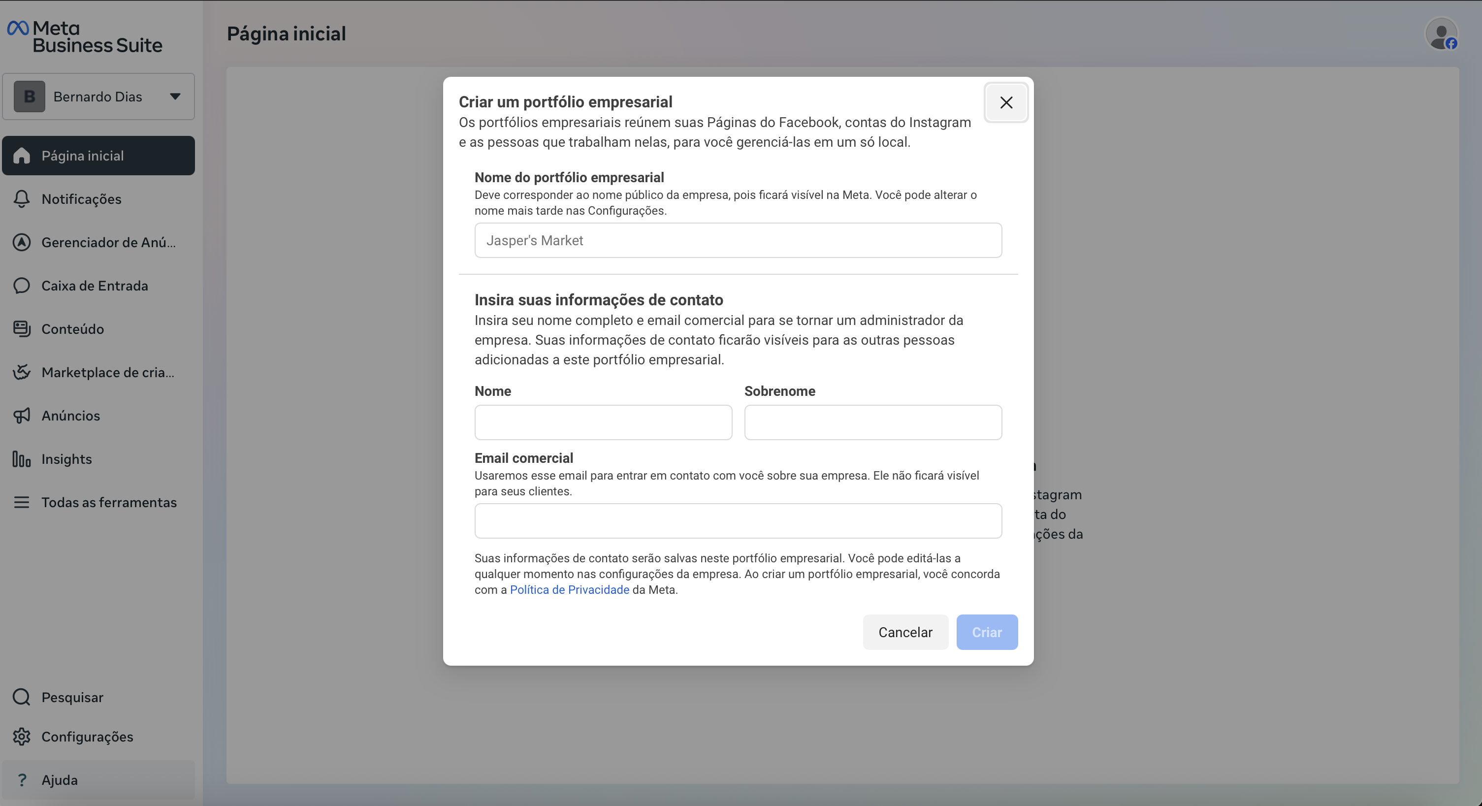 Criar portfólio no Business Manager