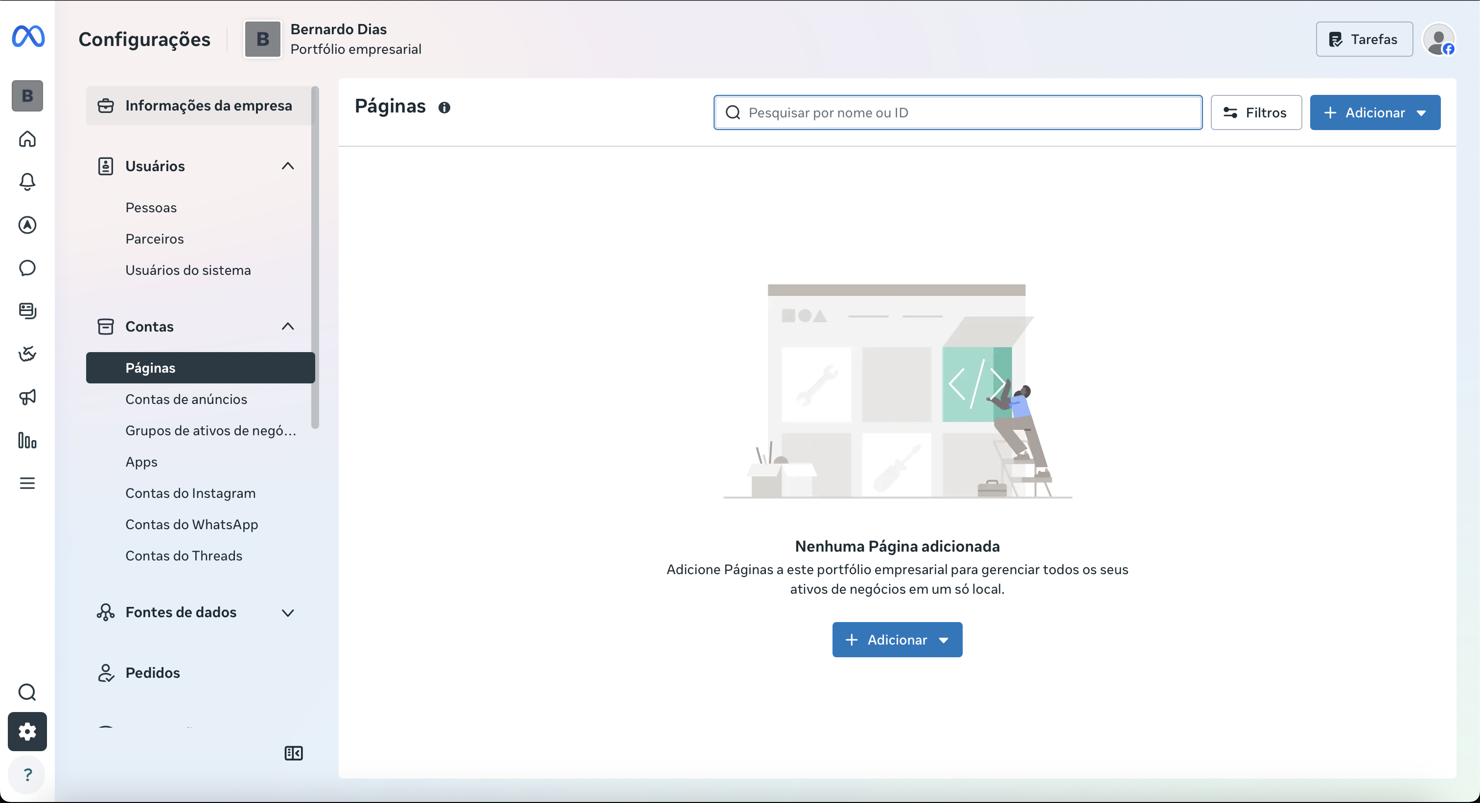 Portfólio selecionado com configurações visíveis